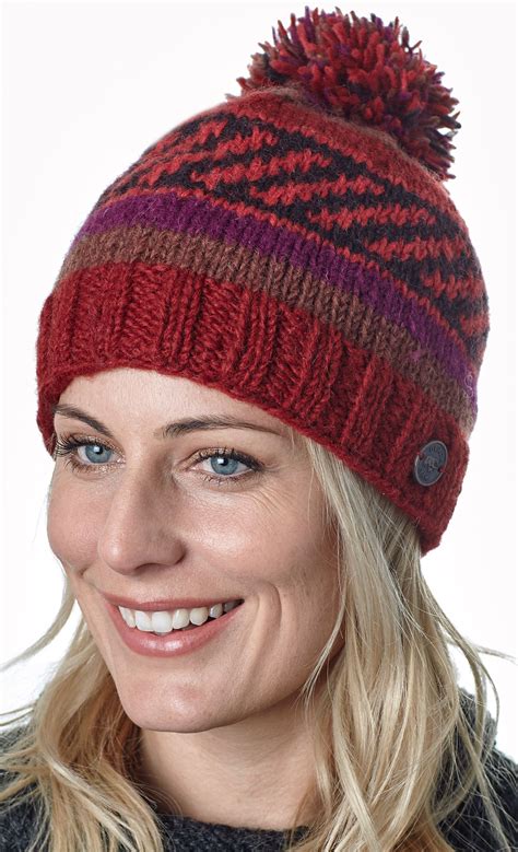 Multi patterned - hand knit - bobble hat - Autumn | Black Yak