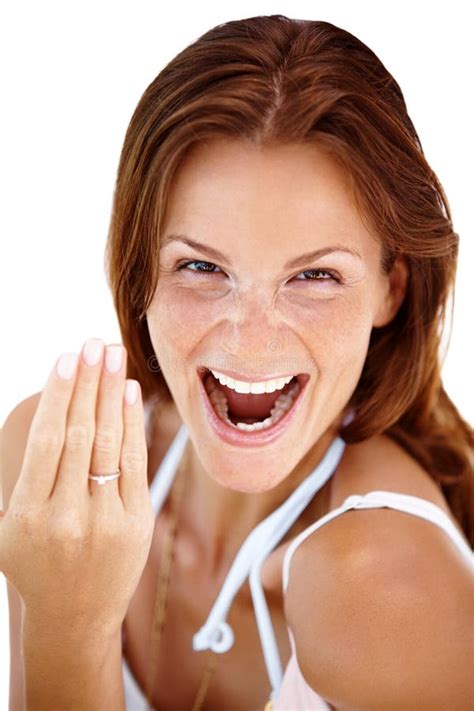 I Am Engaged Excited Woman Showing Her Ring Portrait Of Pretty Excited Young Woman Showing