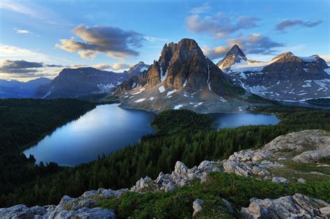 Sunrise Forest Mountain Snow Water Clouds Green Blue Morning Summer