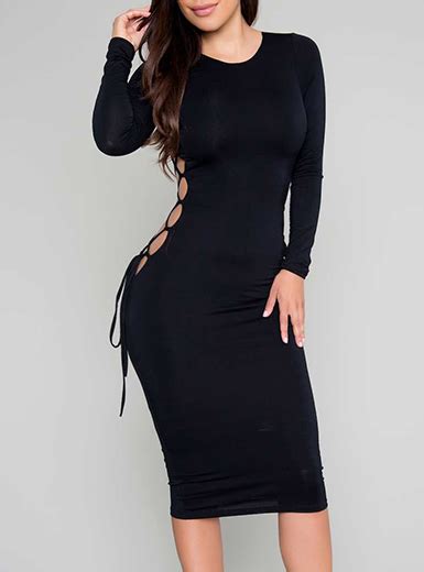 Midi Bodycon Dress Classic Black Cutout Long Sleeve Side Lace Up