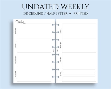 Undated Weekly Planner Inserts Two Page Horizontal Layout Etsy