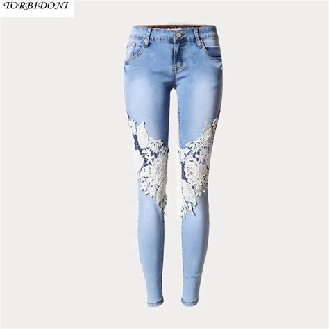 Hole Hollow Out Lace Jeans New Women Fashion Trousers Lace Splice Both Sides Jeans Low Waist