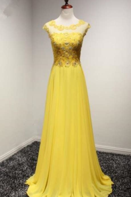 Elegant Cap Sleeves Yellow Evening Dresses Long Beaded Appliques