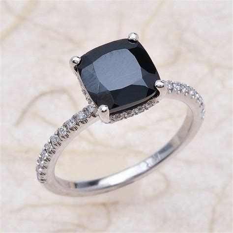 Black Spinel Gemstone Halo Diamond Engagement Ring In 14k White Gold