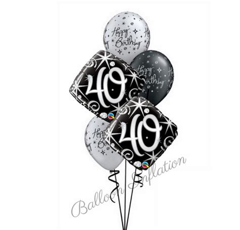 Send a 17 inch helium balloon featuring the text 'happy 40th birthday' for their 40th birthday, presented in a helium balloon gift box with your personal message card. 40th Elegant Black & Silver Birthday Balloon Bouquet