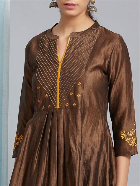 Buy Brown Embroidered Chanderi Silk Kurta Online At Theloom Kurti