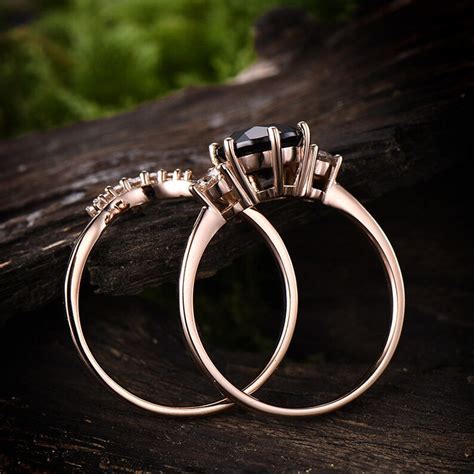 Natural Black Spinel Engagement Ring Set Rose Gold 14k18k Etsy