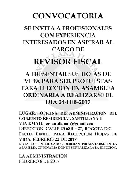 Conjunto Residencial Santillana II: CONVOCATORIA REVISOR FISCAL CONJUNTO RESIDENCIAL SANTILLANA II