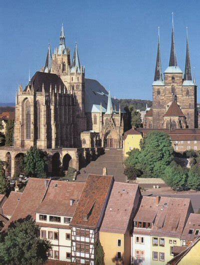 Erfurt's landmark is the unique ensemble created by the combined effect of the mariendom (cathedral of the blessed virgin mary) together with the severikirche (st. Erfurt