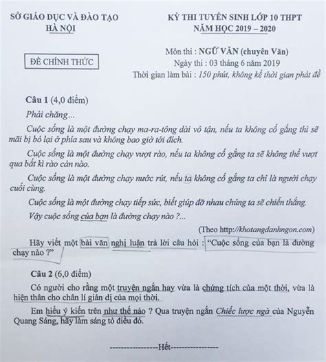 Sở giáo dục hà nội đã thành lập 184 điểm thi với 3.988 phòng thi; Đề thi tuyển sinh vào lớp 10 THPT môn Ngữ Văn (chuyên ...