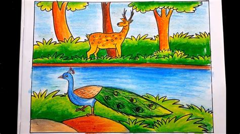 How To Draw Forest Scenery Step By Step Forest Scenery With Animals
