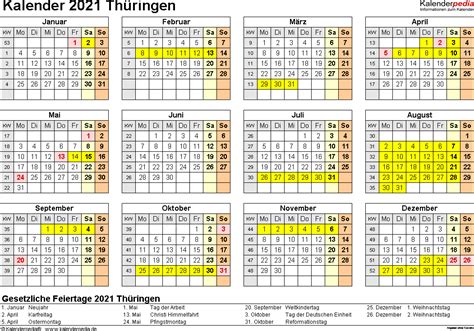 Kalenders zijn leeg en kunnen worden afgedrukt met voorgedefinieerd afdrukbereik. Kalender 2021 Thüringen: Ferien, Feiertage, PDF-Vorlagen