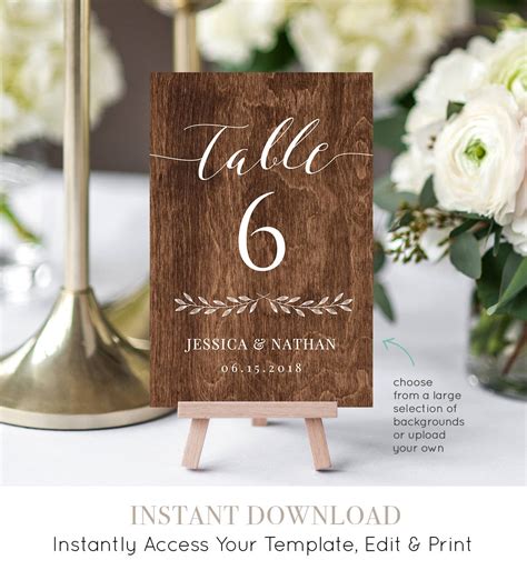 Wedding Table Number Card Printable Rustic Reception Seating Template