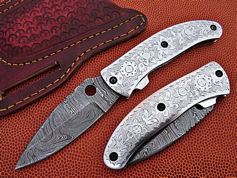 Handmade Damascus Folding Knife Silver Engraved Pocket Knive