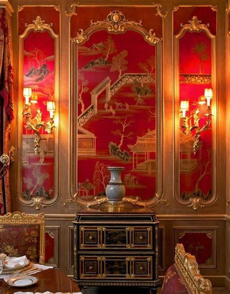 Red And Gold Chinoiserie Panels In A Dining Room Stunning