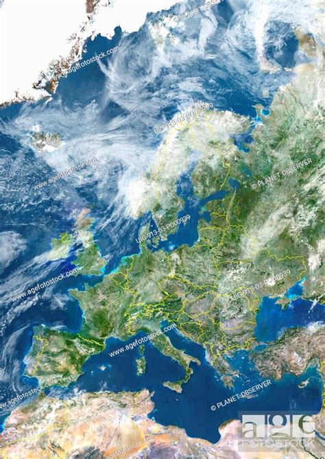 Europe With Country Borders And Cloud Coverage True Colour Satellite
