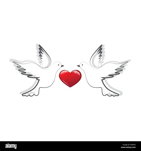 Two Doves With Red Heart Love And Peace Concept Vector Illustration