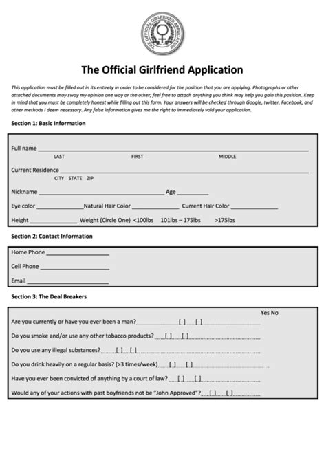 You can chat and flirt on the go, whatever place you are in. The Official Girlfriend Application Form printable pdf ...