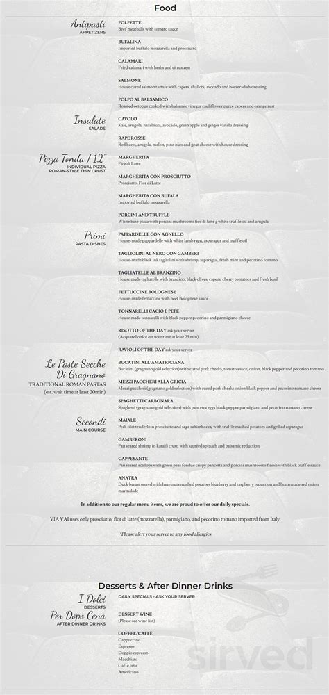 VIA VAI menu in Queens, New York, USA