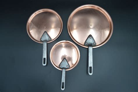 Antique French Copper Three Fitted Lids To Fit 12cm 16cm And 20cm Pans