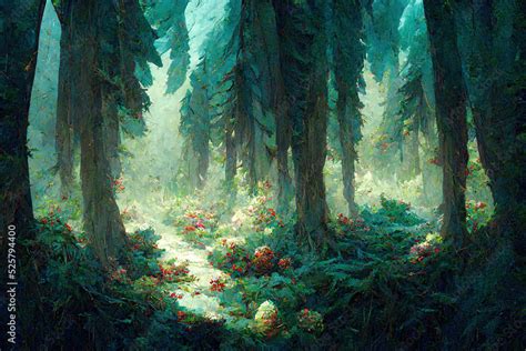 Mystery Deep Forest With River And Fog Fantasy Backdrop Concept Art