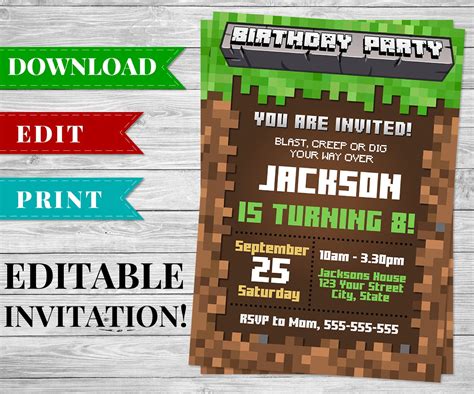 Printable Minecraft Invitation Pdf Minecraft Birthday Party Supplies