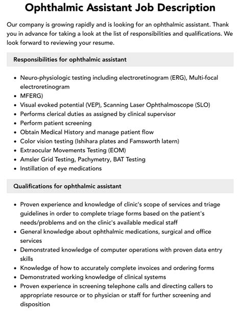 Ophthalmic Assistant Job Description Velvet Jobs