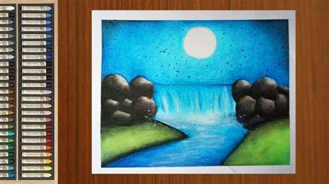 Waterfall Moonlight Scenery Drawing With Oil Pastel Step By Step Youtube