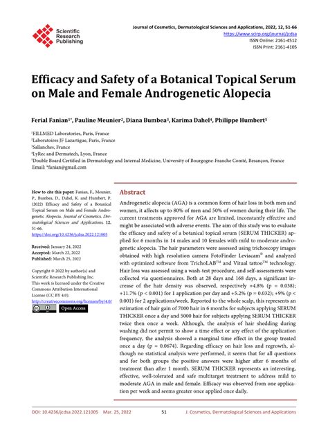 Pdf Efficacy And Safety Of A Botanical Topical Serum On Male And Female Androgenetic Alopecia