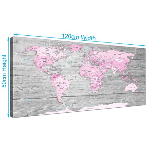 Large Pink Grey Map Of World Atlas Canvas Wall Art Print Maps Modern