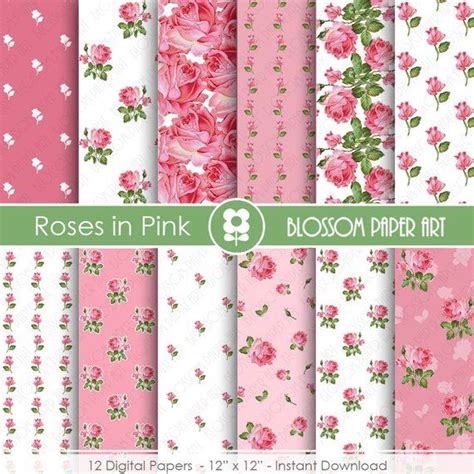 Digital Paper Pink Roses Digital Paper Pack Scrapbooking Floral