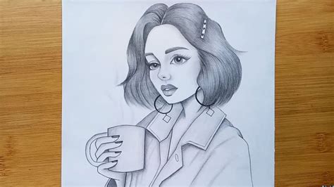 How To Draw A Girl With A Coffee Mug Pencil Sketch Drawing Step By