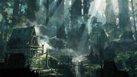 Fantasy Art Forest Cabin Villages Trees Mist