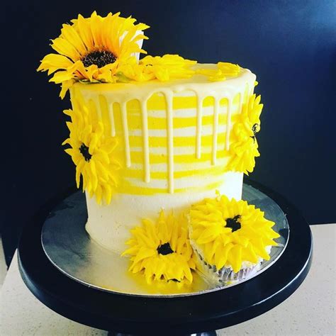 Sunflower Theme Cake With Piped Sunflowers A Little Stripe Detail And