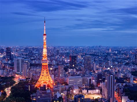 Tokyo Tower At Dusk Night Lights Blue Sky City Below From Above Long