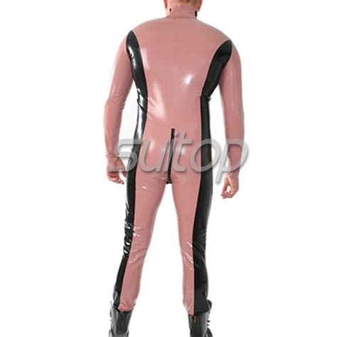 Pink Heavy Latex Catsuit Sexy Codpiece Bodysuit With Two Zip