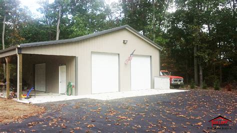 Shown above is a 30'w x 40'l x 12'h metal garage workshop with an additional side porch. Residential Pole Barn Bridgeton - Tam Lapp Construction, LLC