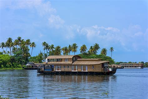 River View And Traditional House Boat In Keralas Backwaters India Stock