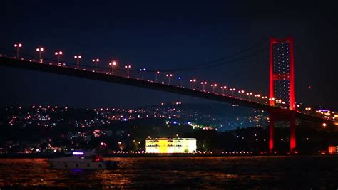 Time Lapse Image Of The Bosphorus Bridge In Istanbul Turkey At Night