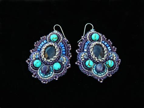 Turquoise And Amethyst Earrings Large Purple Earrings Bead Embroidery