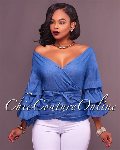 Chic Couture Online Makenna Blue Chambray Ruffle Sleeves Wrap Top