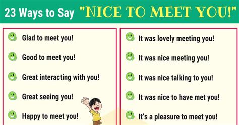 Below is the list of common ways to say and response to how are you? 27 Ways to Say "Nice to Meet You" in Speaking & Writing • 7ESL