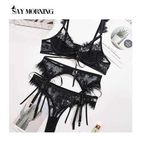 say morning new women s eyelash lace underwire lace garter sexy lingerie set thin section mesh