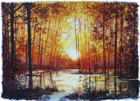 Sunset On The Forest Lake Watercolor 2018 Rwatercolor