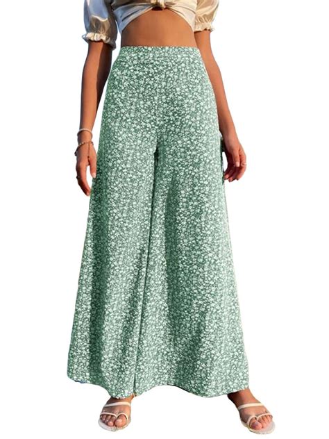 Pudcoco Womens Summer Wide Leg Pants Casual Loose Boho Floral Printed