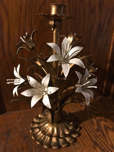 Vintage Metal Flower Candlestick Holders Tole Floral Candlestick