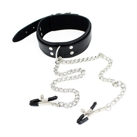 Fantasy Pu Leather Slave Sex Neck Collar Chain With Nipple Clamps Sm