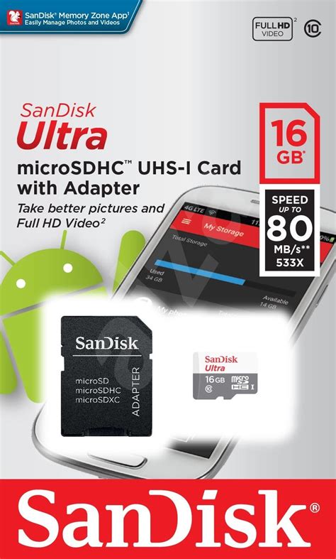 With sd class 10 and ultra high speed class 1 ratings, you benefit from data transfer rates of up to 98 mb/s and lower write speeds. SanDisk MicroSDHC 16GB Ultra Android Class 10 UHS-I + SD ...