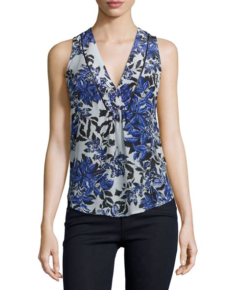 Rebecca Taylor Sleeveless V Neck Floral Silk Top In Blue Lyst