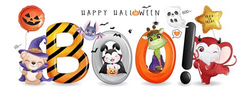 Cute Animals For Halloween Clipart With Watercolor Illustration